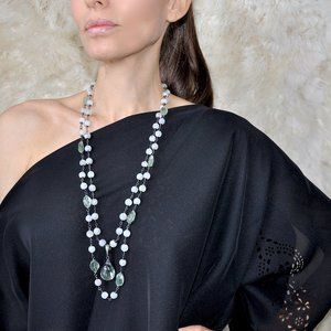 One Of A Kind 925 Silver & Diamond Green Amethyst and Moonstone Long Necklace